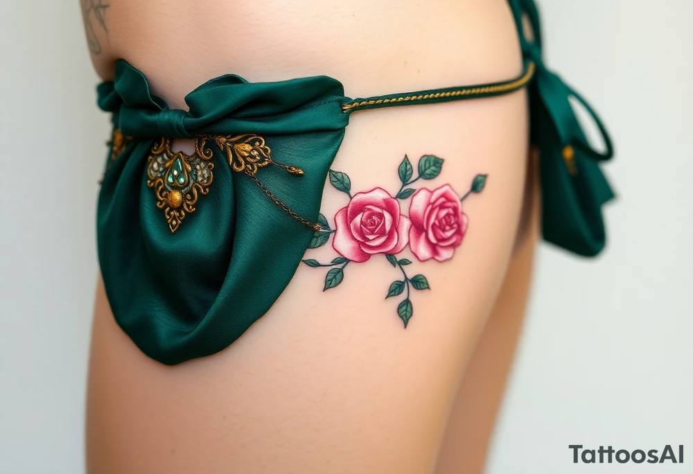 A Renaissance-style garter tattoo with dark forest green velvet, with baroque-inspired gold accents and tiny intricate roses tattoo idea