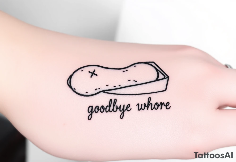 A peanut with x's for eyes laying in an open casket with the words goodbye whore tattoo idea