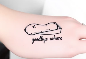 A peanut with x's for eyes laying in an open casket with the words goodbye whore tattoo idea
