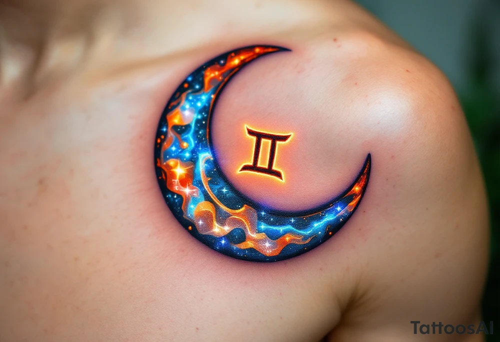 A crescent moon with a glowing Gemini symbol in the center, accented with oranges, blues, and shimmering whites. tattoo idea