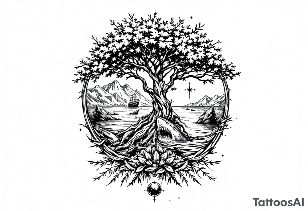 tattoo that has an acacia tree with mountains, ocean with a ship wreck with sharks and the northern star tattoo idea
