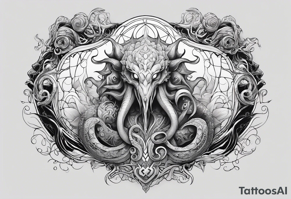 Vertical full sleeve. Lovecraftian creature, protecting a token of love. tattoo idea