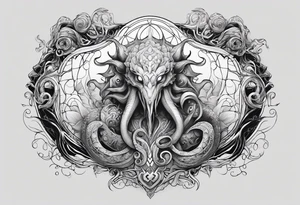 Vertical full sleeve. Lovecraftian creature, protecting a token of love. tattoo idea