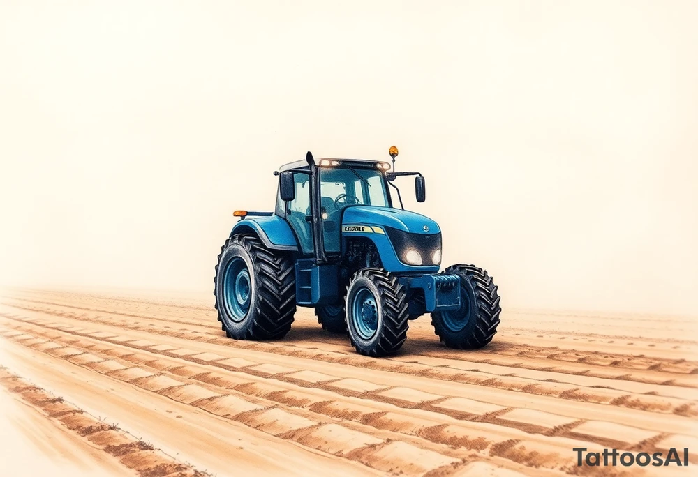 A detailed blue tractor with headlights glowing, standing proudly on a freshly tilled farm field. tattoo idea