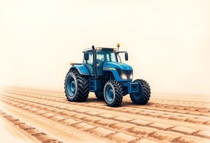 A detailed blue tractor with headlights glowing, standing proudly on a freshly tilled farm field. tattoo idea