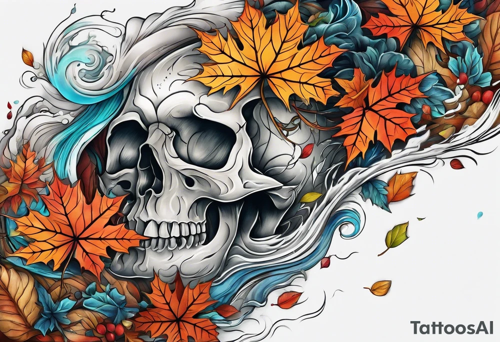 knee tattoo in fall colors with bluw water flow tattoo idea