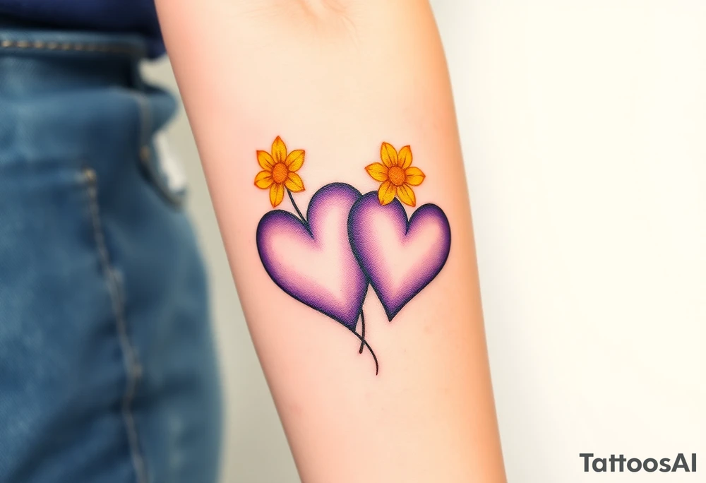 simple with Purple Hearts with yellow daisy. tattoo idea