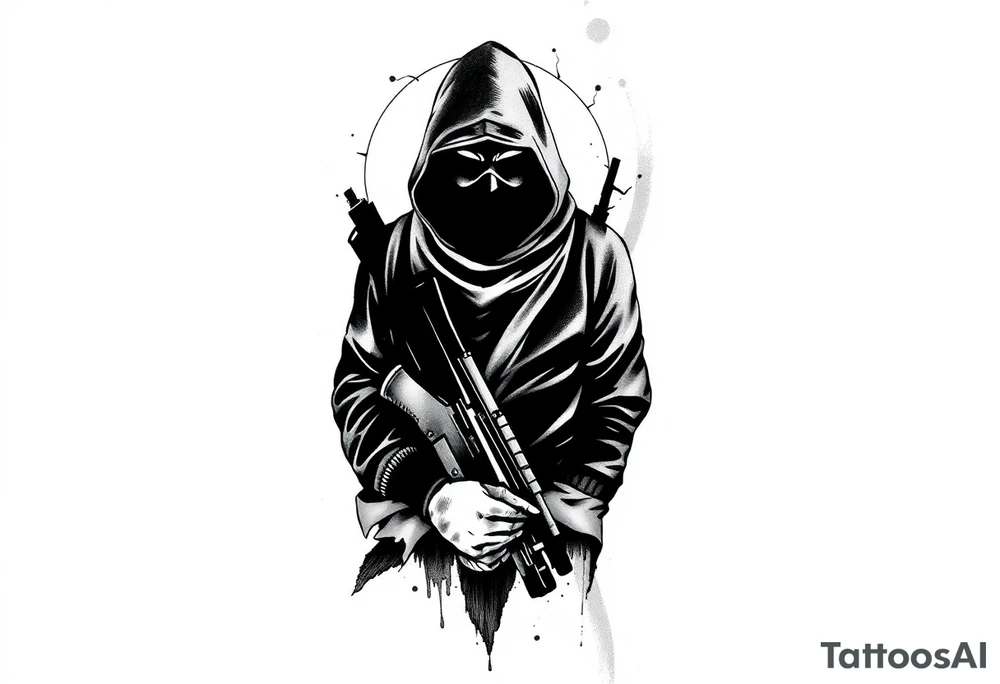 Minimalist covert operative symbolism representing loyalty and survival, faceless soldier silhouette emerging from darkness, torn fabric, subtle scars, controlled posture, black and grey realism, emotional restraint, understated strength, tattoo sleeve element. tattoo idea