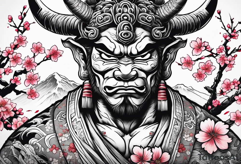 japanese oni with cherry blossom trees in the back round and japanese traditional tattoos. tattoo idea