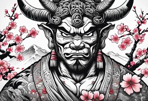 japanese oni with cherry blossom trees in the back round and japanese traditional tattoos. tattoo idea