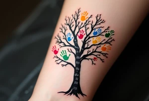 Bare tree with colored handprints on the trunk, each handprint labeled with a name and year “Martin 2015,” “Olivie 2012” etc. Bright primary colors for prints on a black-ink tree. tattoo idea