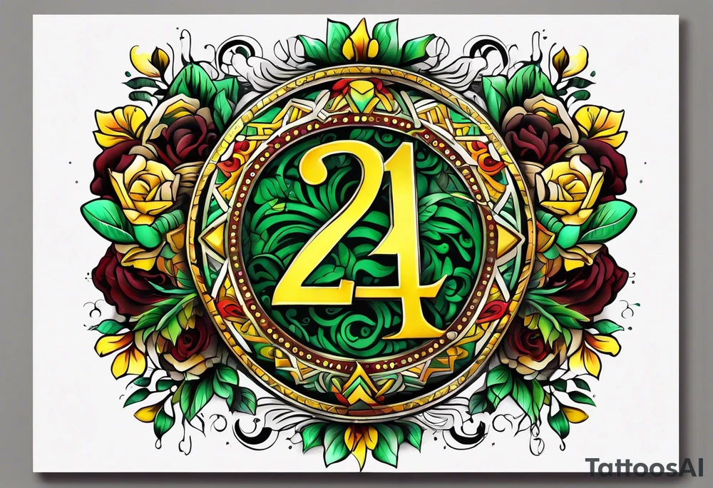 Number 24 with colors green, yellow, maroon and black tattoo idea