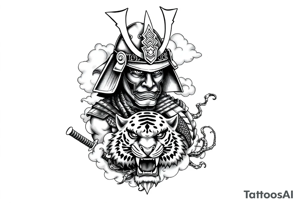 samurai warrior wearing a helmet. Some clouds around, with a tiger’s head beneath, and a samurai sword. This should be a good tattoo for forearm. Add a dragon going around them tattoo idea