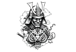 samurai warrior wearing a helmet. Some clouds around, with a tiger’s head beneath, and a samurai sword. This should be a good tattoo for forearm. Add a dragon going around them tattoo idea