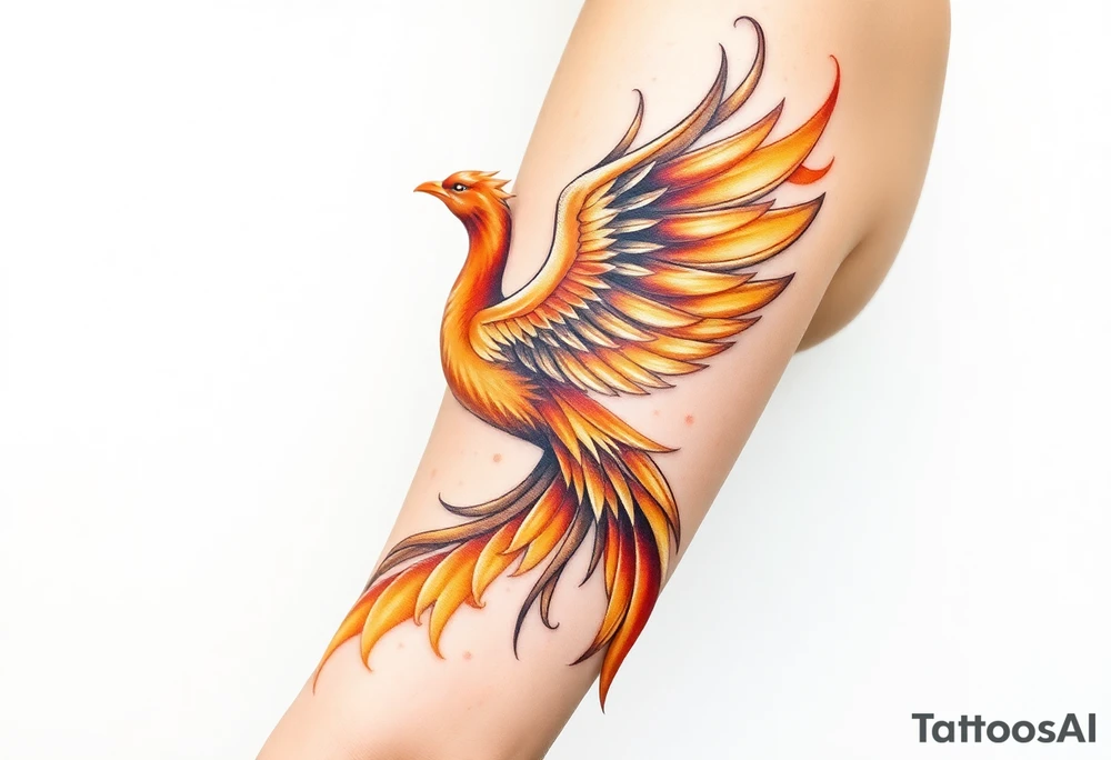 magnificent phoenix rising from golden flames with trailing embers tattoo idea