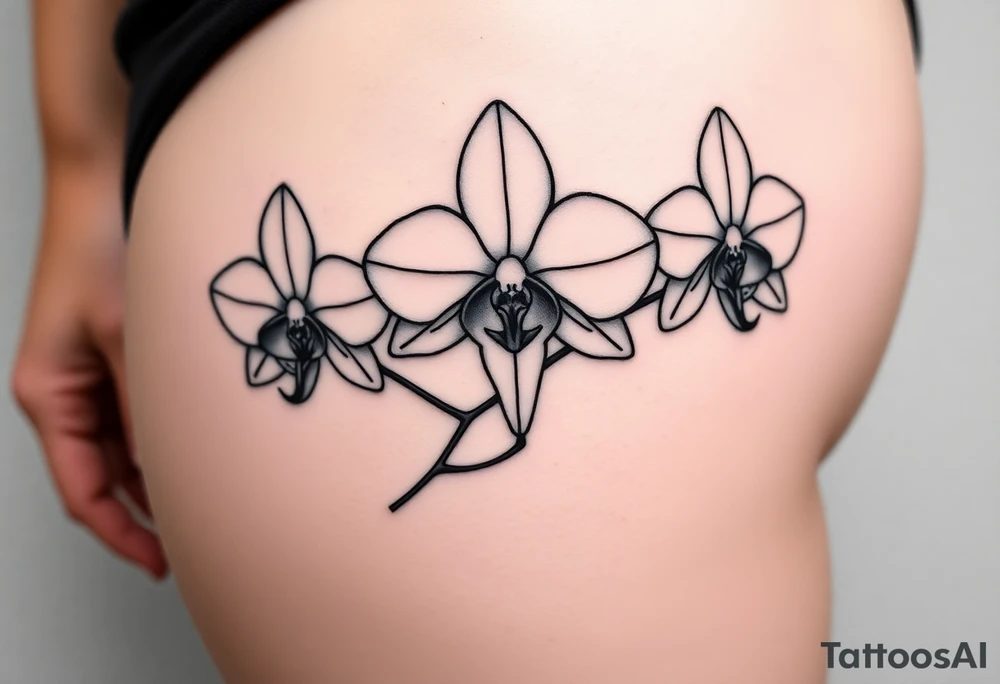 Tattoo flash of three fine line orchids different size realistic, the central part resembles a vagina. Are connected with branches tattoo idea