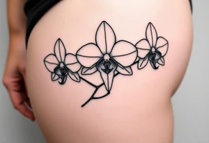 Tattoo flash of three fine line orchids different size realistic, the central part resembles a vagina. Are connected with branches tattoo idea