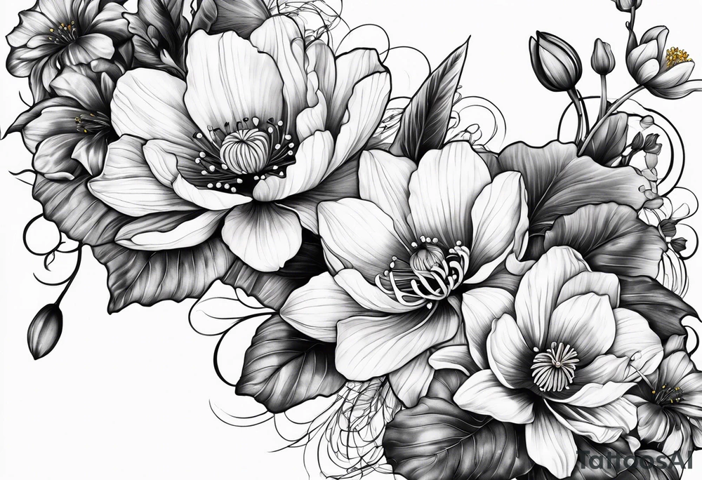Poppy, water lily, Lily of the valley, daffodil, cosmo flower bouquet tattoo idea