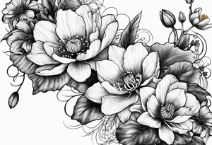 Poppy, water lily, Lily of the valley, daffodil, cosmo flower bouquet tattoo idea