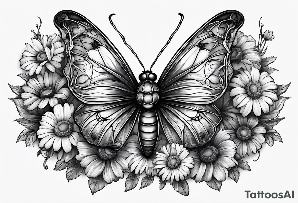 Spider in the shape of a butterfly with daisy's marigolds sweet peas and daisy's around it tattoo idea