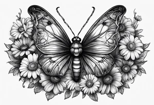 Spider in the shape of a butterfly with daisy's marigolds sweet peas and daisy's around it tattoo idea