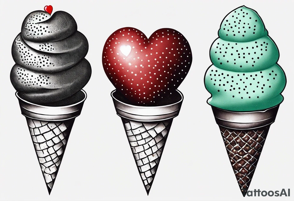 mint chocolate chip ice cream cone with small red heart on it somewhere. tattoo idea
