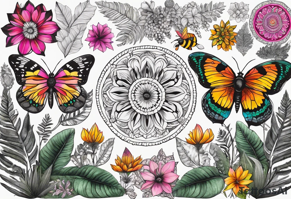 Botanical garden with ferns, black, white, green, orange, yellow, pink, Fuschia, Madagascan  moth, bee, mandalas, colorful, boho tattoo idea