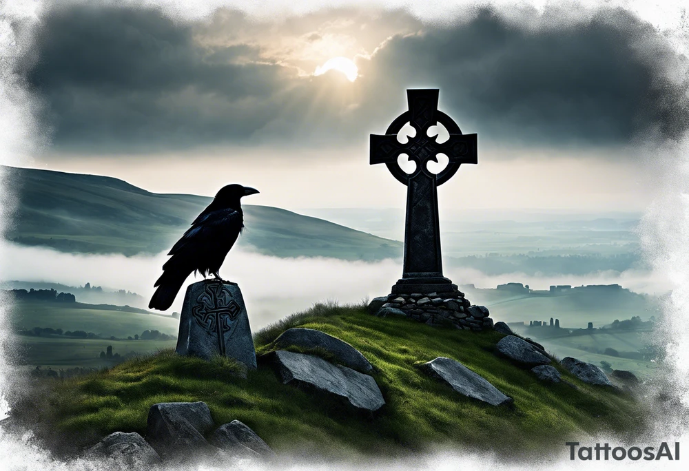 A stone Celtic cross solemnly standing atop a hill, a raven perches atop the cross staring out over the desolation. A ruined stone wall lies crumbling near the cross. Mist rolls along the hilltops adding to the melancholic nature of the scene tattoo idea