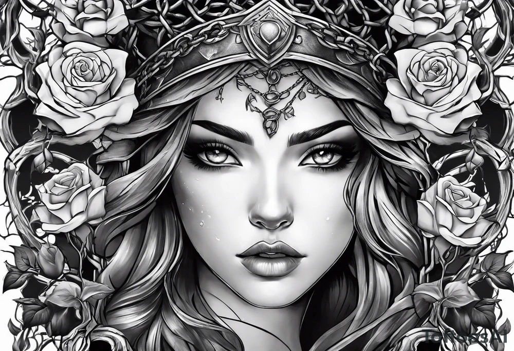tattoo fool sleeve, tree roots break out of the chains, broken mask, girl, roses tattoo idea
