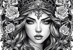 tattoo fool sleeve, tree roots break out of the chains, broken mask, girl, roses tattoo idea