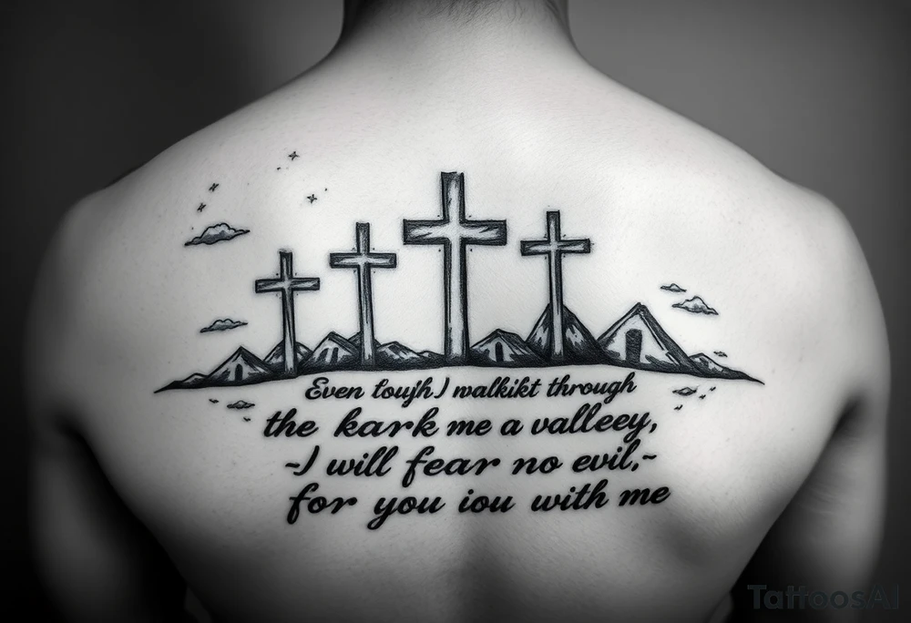 3 crosses, clouds, even though I walk through the darkest valley, I will fear no evil, for you are with me tattoo idea
