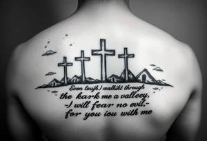 3 crosses, clouds, even though I walk through the darkest valley, I will fear no evil, for you are with me tattoo idea