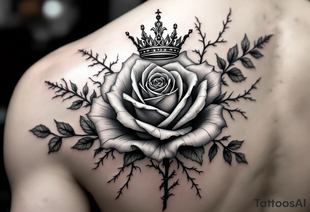 Single rose with 1982 as the stem if the rose with queen if heaetz and crown around or on top of rose with vines and thorns on sholder tattoo idea