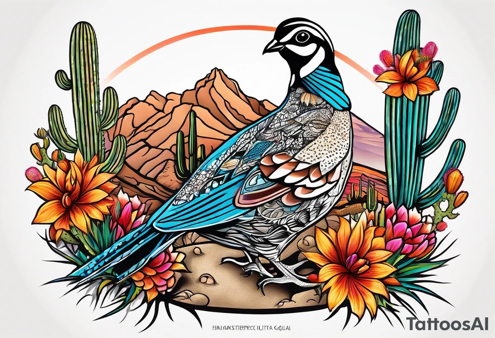 Three quails, desert flowers, cactus, ocotillo, tattoo idea