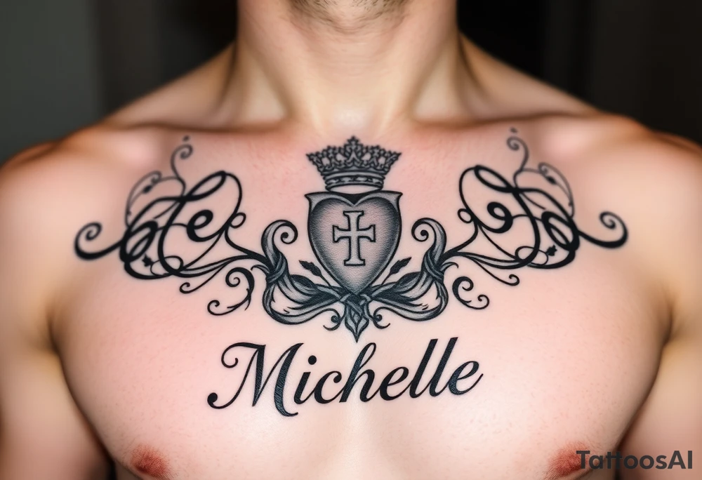 Create a tattoo on a man’s chest if a woman’s name. Claddagh and the name Michelle. Irish themed with Celtic knot on top and bottom. tattoo idea
