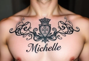 Create a tattoo on a man’s chest if a woman’s name. Claddagh and the name Michelle. Irish themed with Celtic knot on top and bottom. tattoo idea