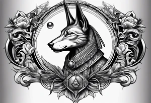 The war between Anubis  and ra tattoo sleeve design
Building and people tattoo idea