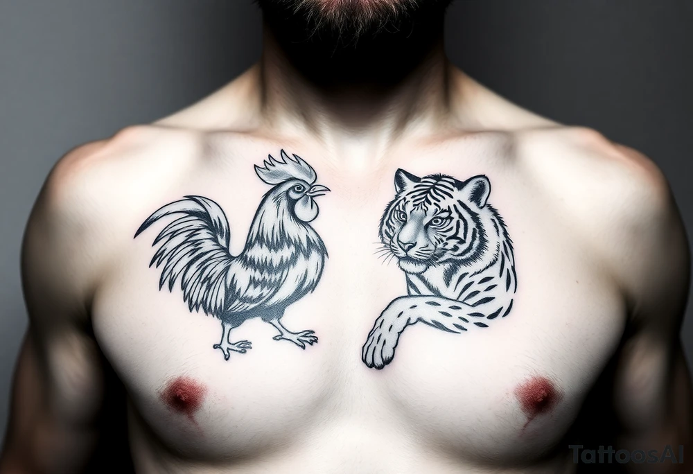 chest tattoo of dog rooster and tiger together tattoo idea