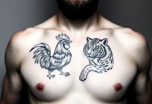 chest tattoo of dog rooster and tiger together tattoo idea