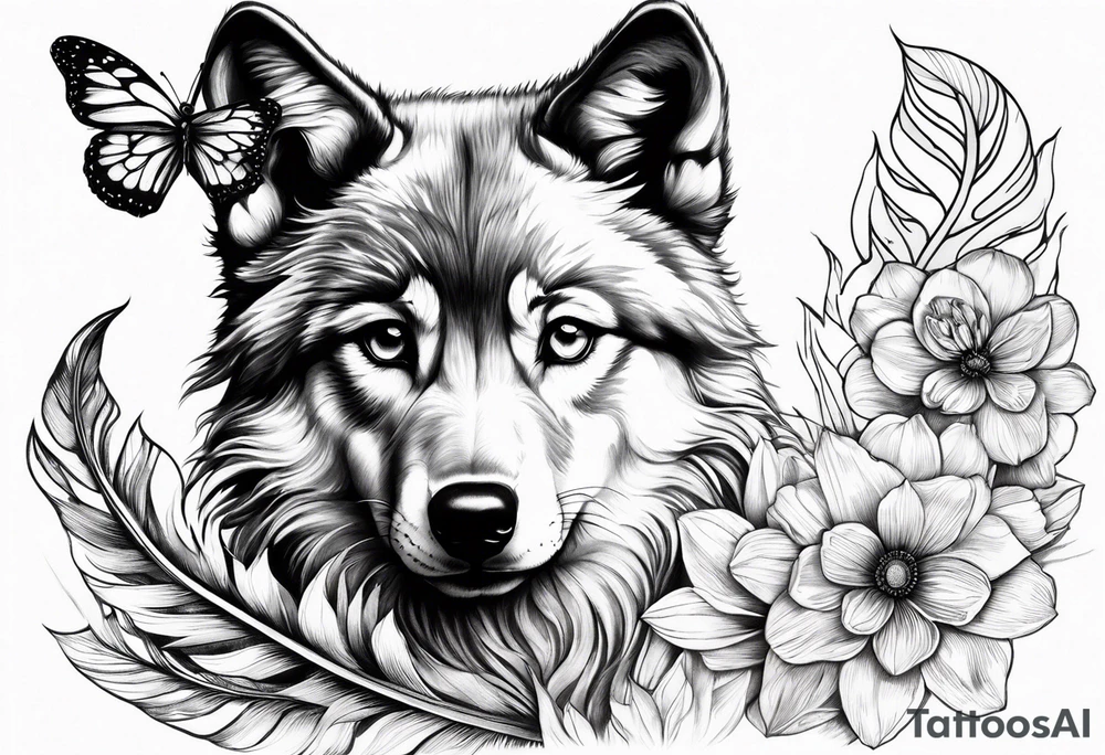 Wolf puppy, peacock feather, butterfly, narcissus flower tattoo idea