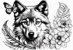 Wolf puppy, peacock feather, butterfly, narcissus flower tattoo idea