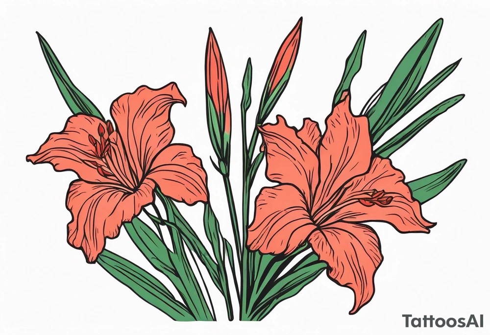 a thin narrow gladiolus stalk. green leaves. coral-colored flowers with red centers. tattoo idea