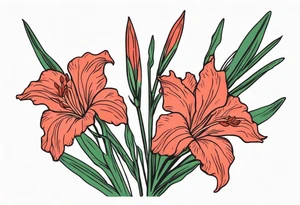 a thin narrow gladiolus stalk. green leaves. coral-colored flowers with red centers. tattoo idea