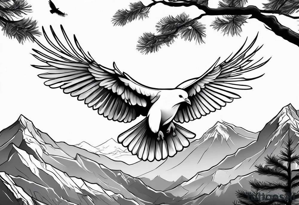 White Dove on a tree branch at the top of the mountain with an eagle soaring overhead tattoo idea