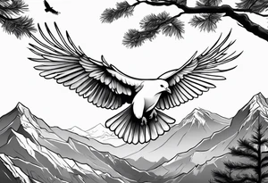 White Dove on a tree branch at the top of the mountain with an eagle soaring overhead tattoo idea