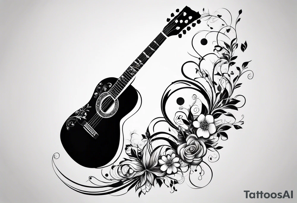 Guitar in shape of treble clef with flowers growing off the side, butterflies, small tattoo idea