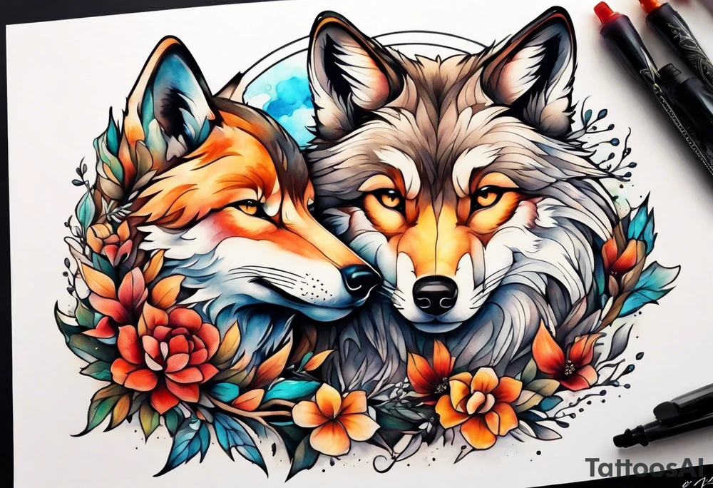 Wolf and fox nuzzling tattoo idea