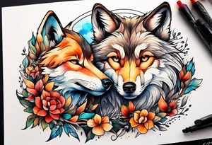 Wolf and fox nuzzling tattoo idea