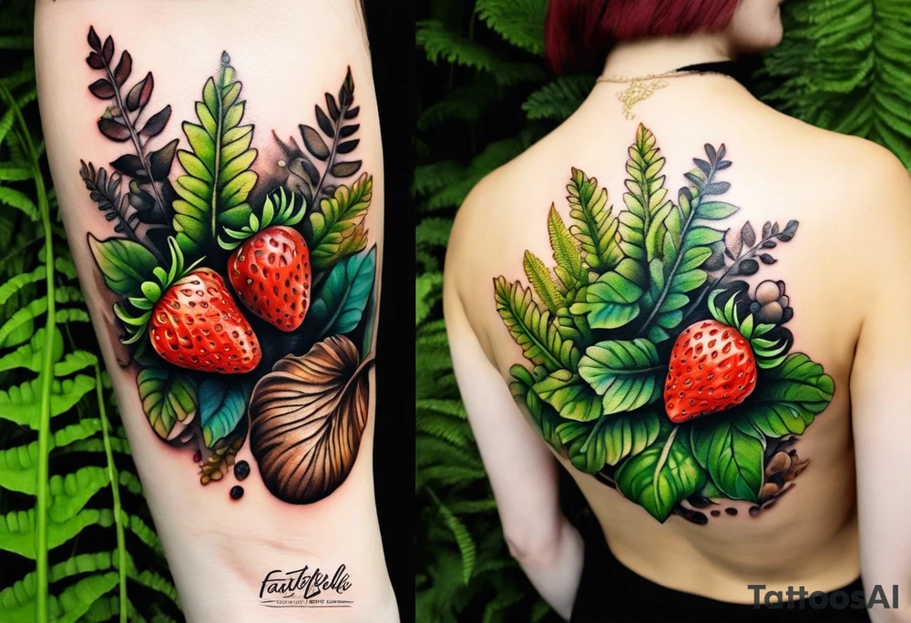 forest floor inspired realistic tattoo, which includes grass, curly ferns and dead leaves as the bulk of the tattoo. details to include: three very tiny strawberries, a tiny bumblebee flying nearby, three small brown mushrooms tattoo idea