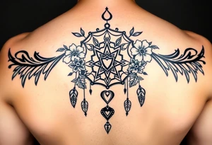 Boho dream catcher with gothic compass and hourglass. Beautiful flowers and an ornamental chandelier like look tattoo idea